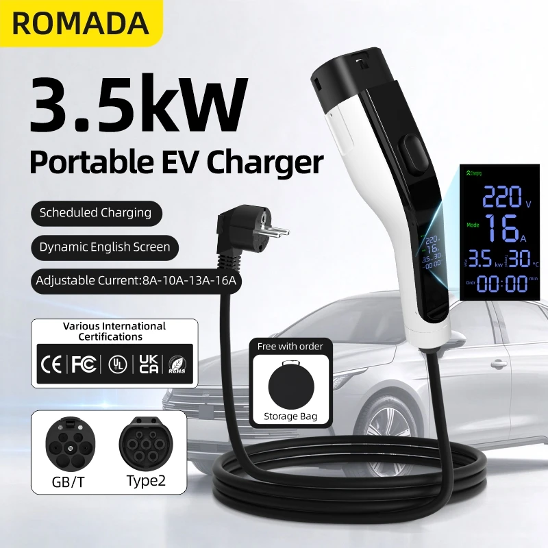 Portable Ev Charger 16A Adjustable - ROMADA 16A 3.5KW Caricatore EV Portatile