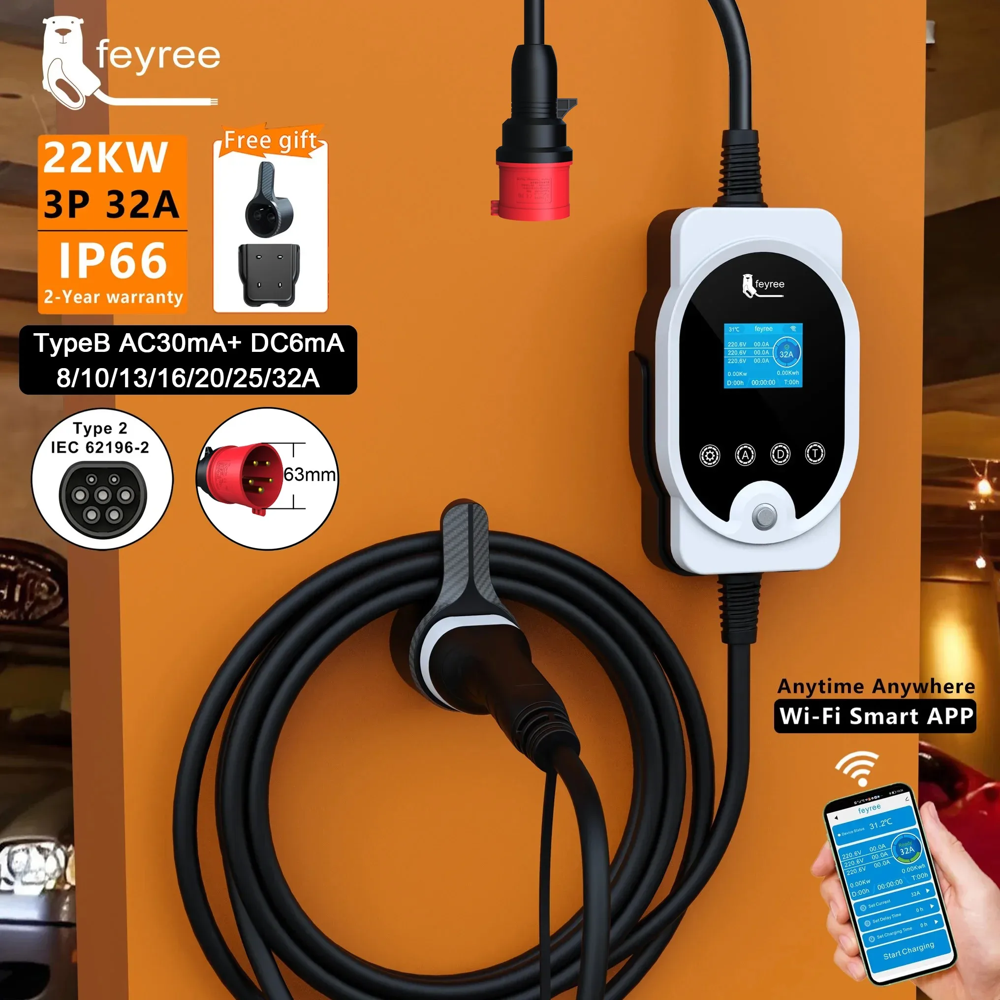 Feyree 22KW Tipo 2 Cavo EVSE W - Ev Charging Cable 5M 22Kw recensione e prezzo