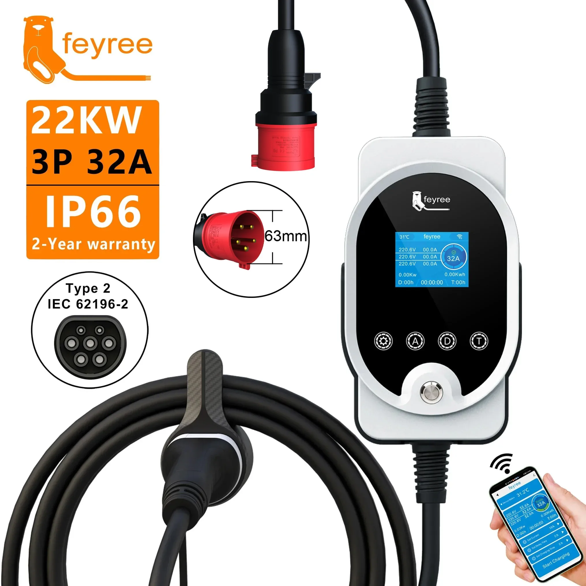 Feyree 22KW Tipo 2 Cavo EVSE W - Ev Charging Cable 5M 22Kw recensione e prezzo